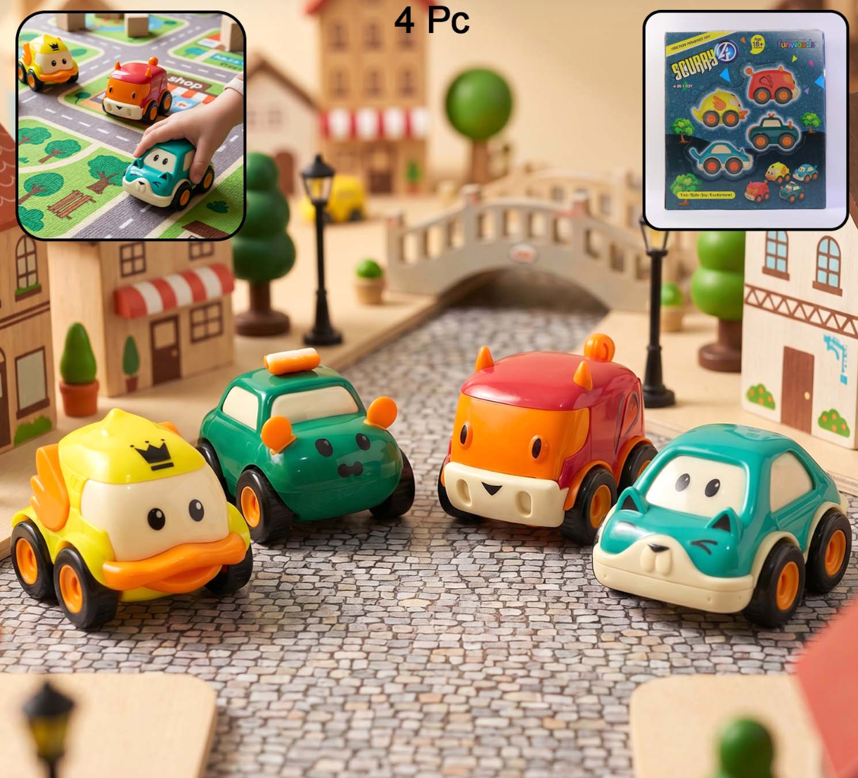 Animal Cartoon Pull-Back Toy Car Set – 4 Vibrant Mini Vehicles - Image 2